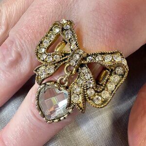 Vintage Betsey Johnson Bow with Rhinestones and Heart Stretch Ring